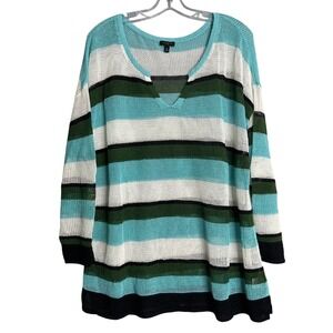 Talbots Womens Plus Size 2X Open Knit Linen Blend Sweater Stripe Blue Green‎